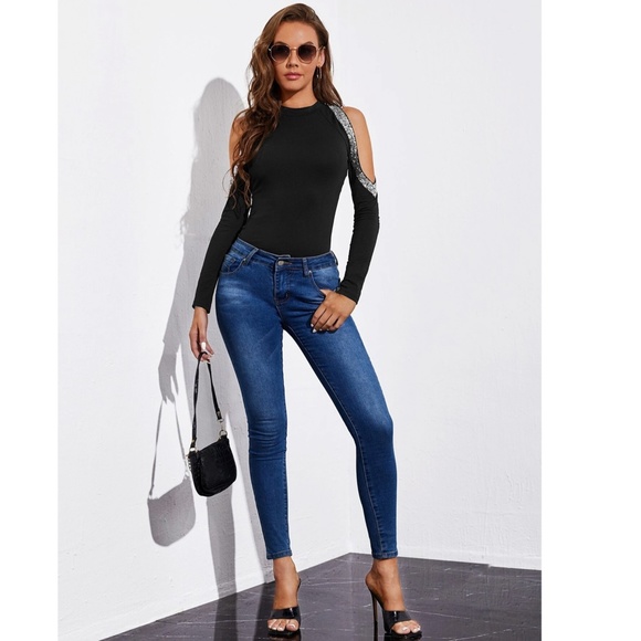 Silver Sequins Detail Cold Shoulder Black Long Sleeve Tee Shirt - Picture 5 of 8